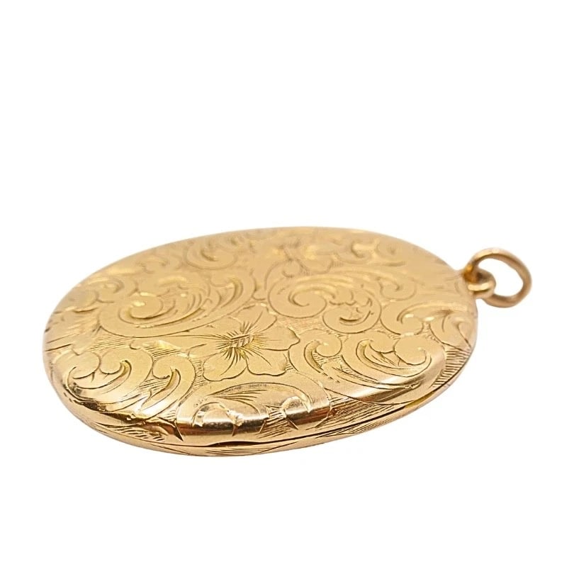14k Gold Engraved Locket Pendant Gold Antique Watch Chain - 8