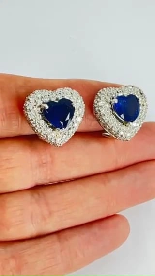 Vintage Heart Shaped EARRINGS Platinum Diamond Heart Cut Sapphire Estate Jewelry - 2