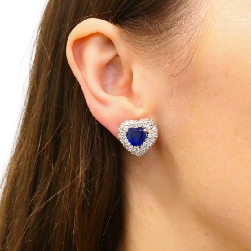 Vintage Heart Shaped EARRINGS Platinum Diamond Heart Cut Sapphire Estate Jewelry - 3