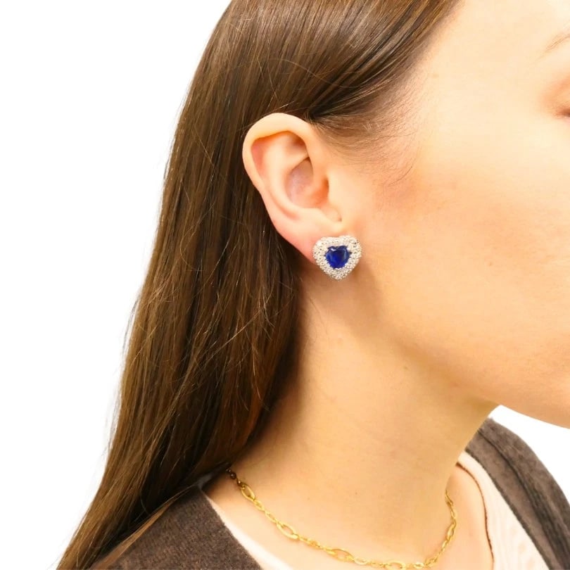 Vintage Heart Shaped EARRINGS Platinum Diamond Heart Cut Sapphire Estate Jewelry - 4