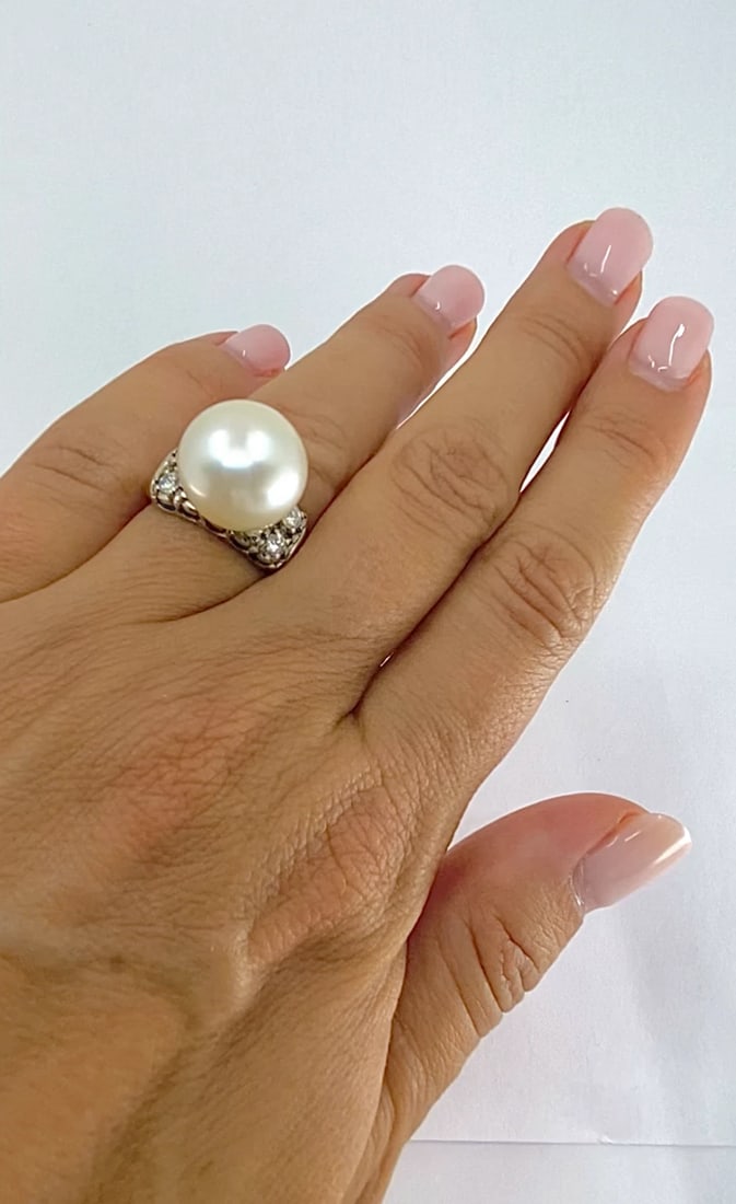 Vintage Pearl Diamond Ring 14k White Gold - 2
