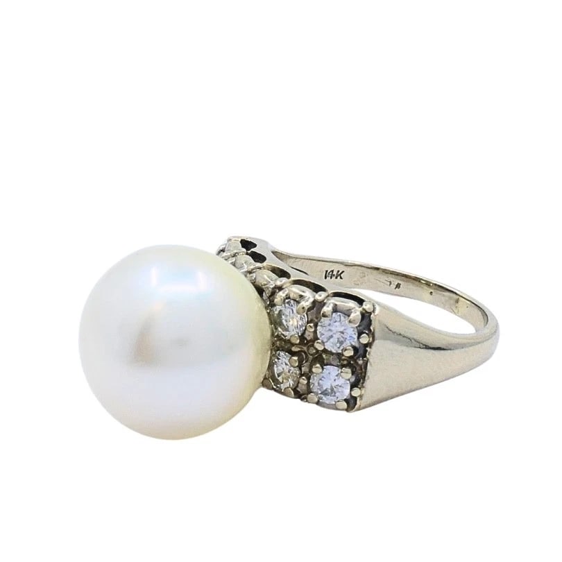 Vintage Pearl Diamond Ring 14k White Gold - 6