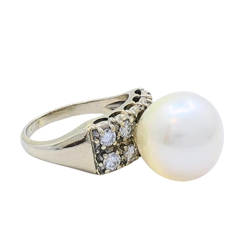 Vintage Pearl Diamond Ring 14k White Gold - 7