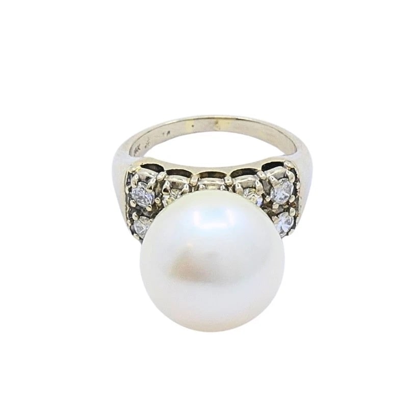 Vintage Pearl Diamond Ring 14k White Gold - 9