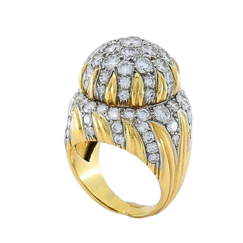 Vintage 14k Gold Diamond Cocktail Floral Dome Ring - 5