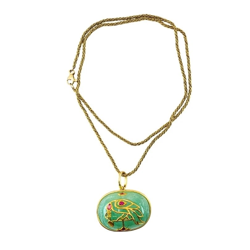 1930’s Yellow Gold, Carved Emerald and Ruby Pendant Chain Necklace - 9