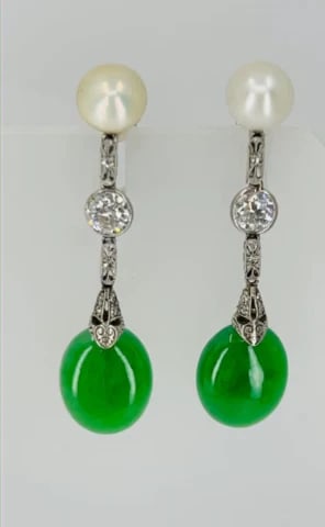 Art Deco Jade EARRINGS Platinum Pearls Old European Cut Diamonds Estate Jewelry - 2