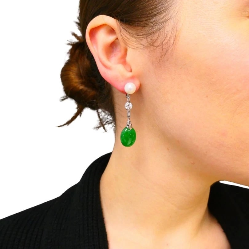 Art Deco Jade EARRINGS Platinum Pearls Old European Cut Diamonds Estate Jewelry - 3