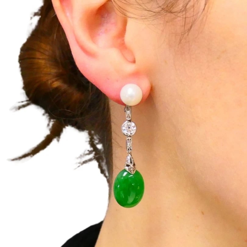 Art Deco Jade EARRINGS Platinum Pearls Old European Cut Diamonds Estate Jewelry - 4