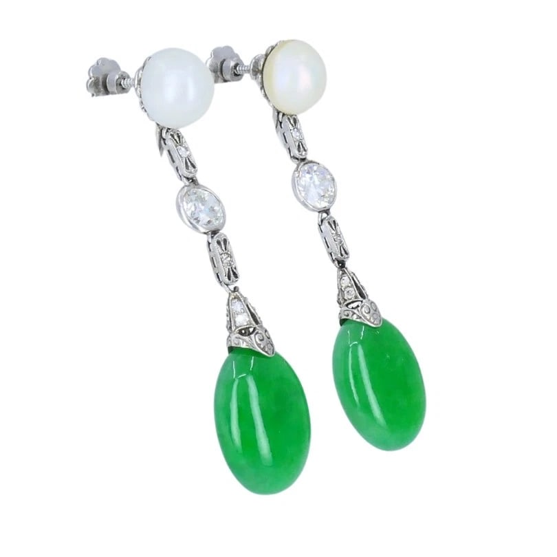 Art Deco Jade EARRINGS Platinum Pearls Old European Cut Diamonds Estate Jewelry - 5
