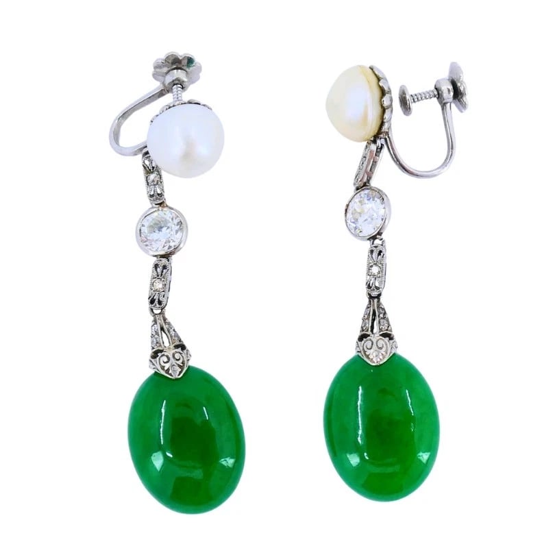 Art Deco Jade EARRINGS Platinum Pearls Old European Cut Diamonds Estate Jewelry - 7