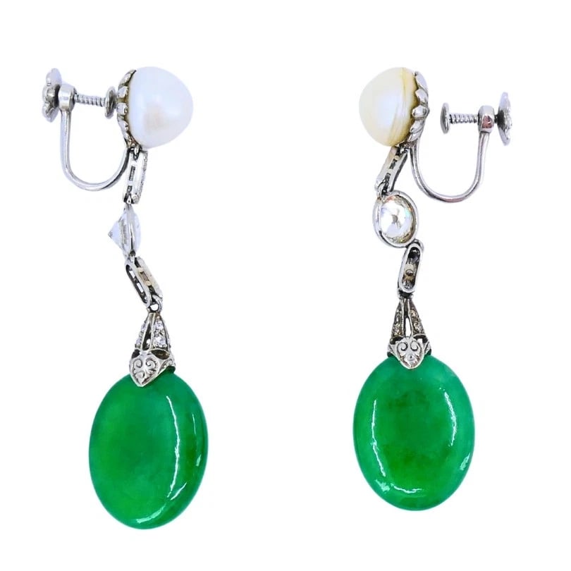 Art Deco Jade EARRINGS Platinum Pearls Old European Cut Diamonds Estate Jewelry - 8