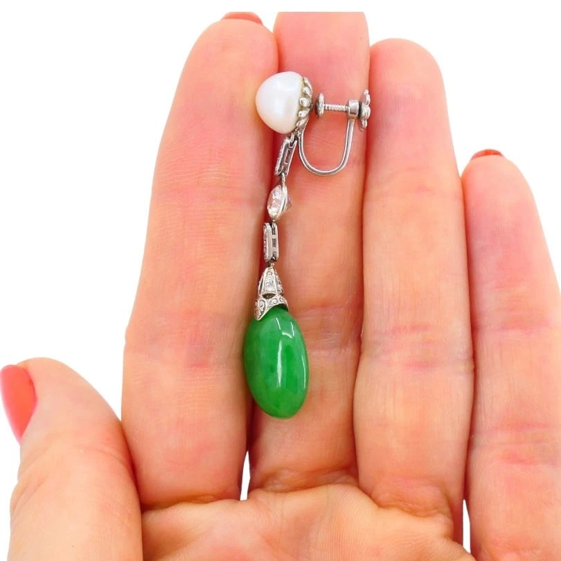 Art Deco Jade EARRINGS Platinum Pearls Old European Cut Diamonds Estate Jewelry - 9