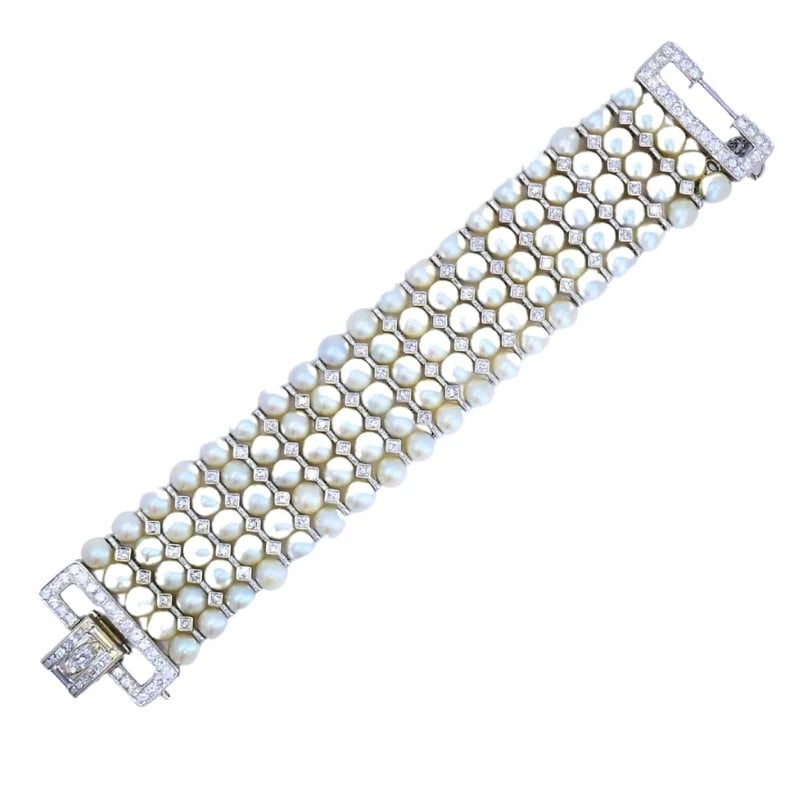 Vintage 1950s 14k White Gold Pearl and Diamond BRACELET Estate Jewelry - 10
