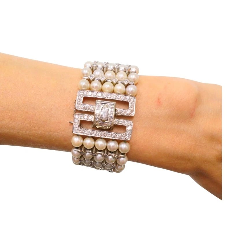 Vintage 1950s 14k White Gold Pearl and Diamond BRACELET Estate Jewelry - 3