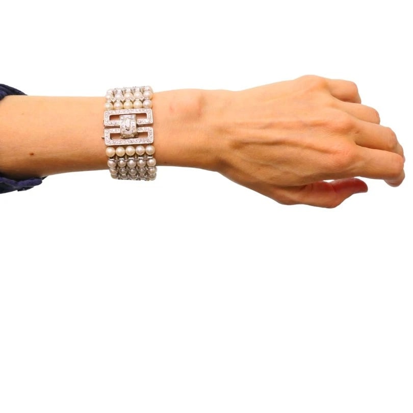 Vintage 1950s 14k White Gold Pearl and Diamond BRACELET Estate Jewelry - 5