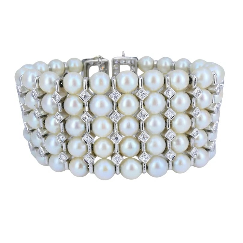 Vintage 1950s 14k White Gold Pearl and Diamond BRACELET Estate Jewelry - 7