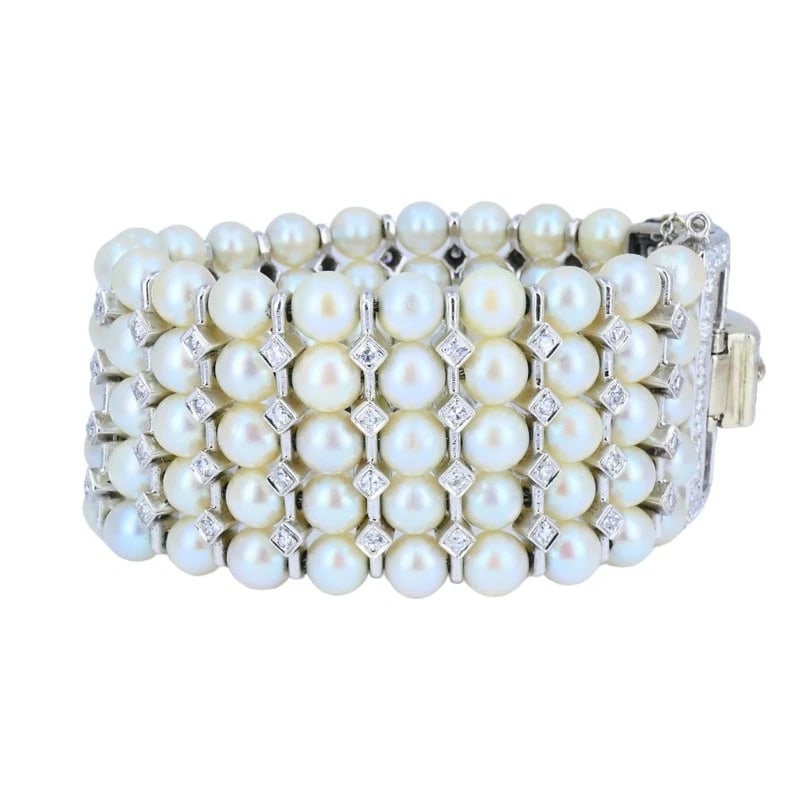 Vintage 1950s 14k White Gold Pearl and Diamond BRACELET Estate Jewelry - 8