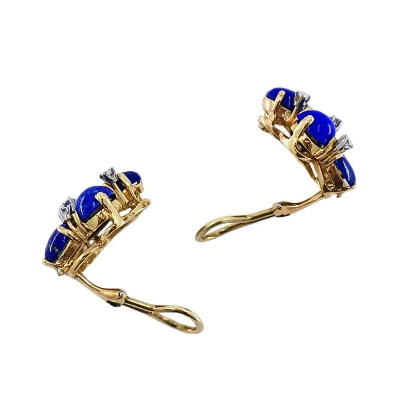 Vintage 14k Gold Lapis Lazuli Turquoise Diamond Brooch & Earrings Set - 13