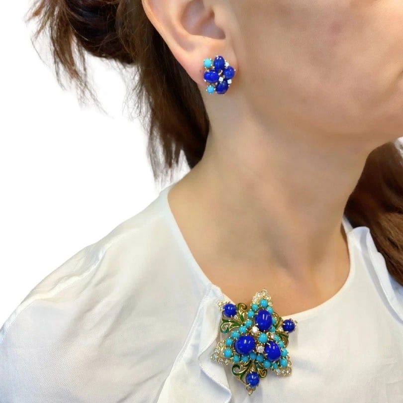 Vintage 14k Gold Lapis Lazuli Turquoise Diamond Brooch & Earrings Set - 3