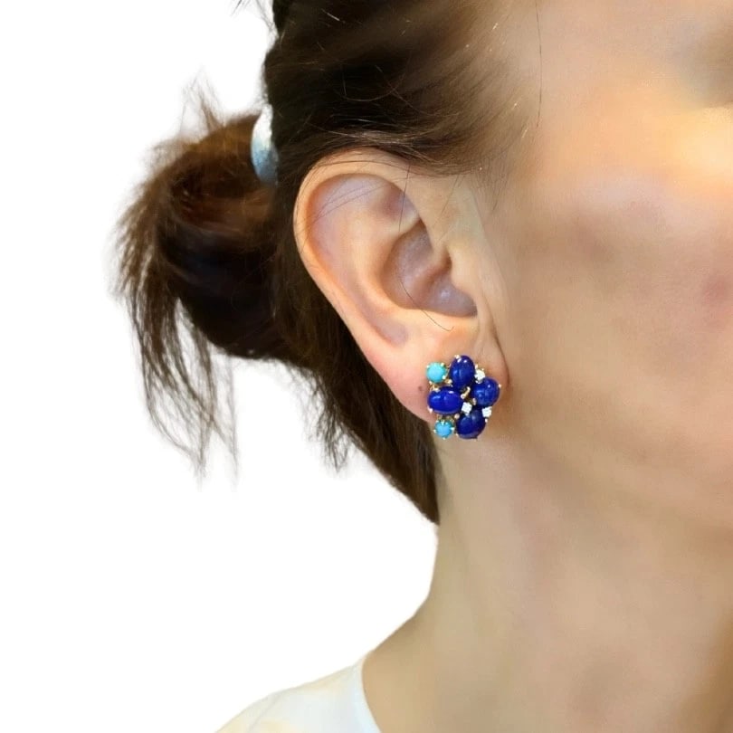 Vintage 14k Gold Lapis Lazuli Turquoise Diamond Brooch & Earrings Set - 4