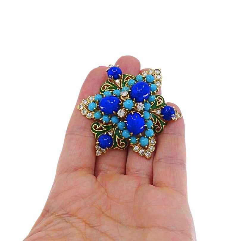 Vintage 14k Gold Lapis Lazuli Turquoise Diamond Brooch & Earrings Set - 5