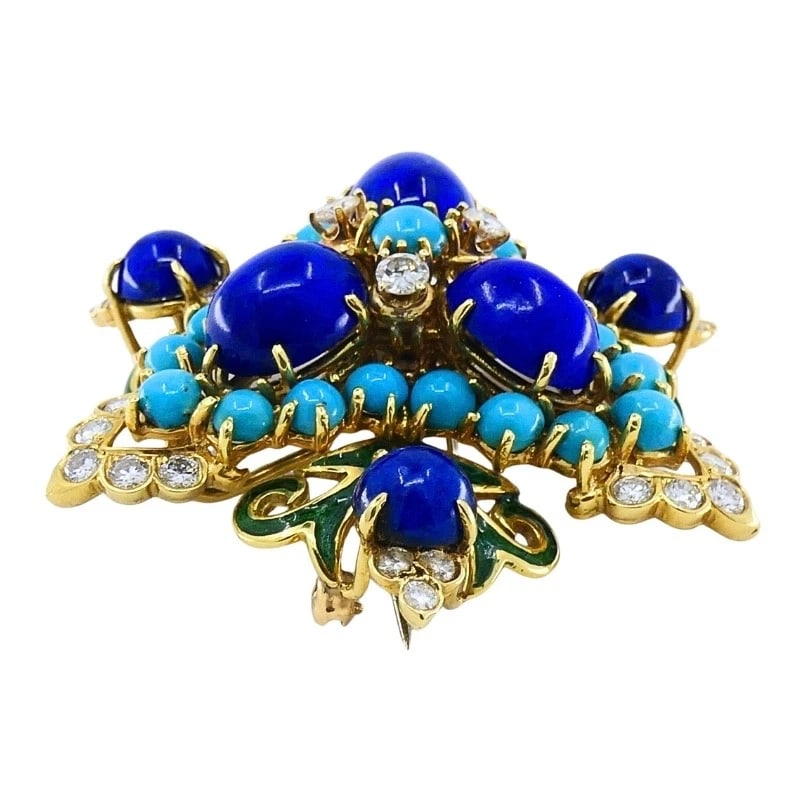 Vintage 14k Gold Lapis Lazuli Turquoise Diamond Brooch & Earrings Set - 7