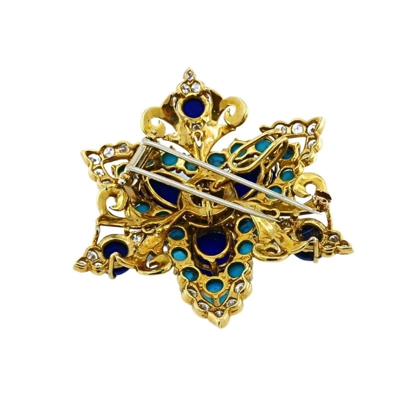 Vintage 14k Gold Lapis Lazuli Turquoise Diamond Brooch & Earrings Set - 9
