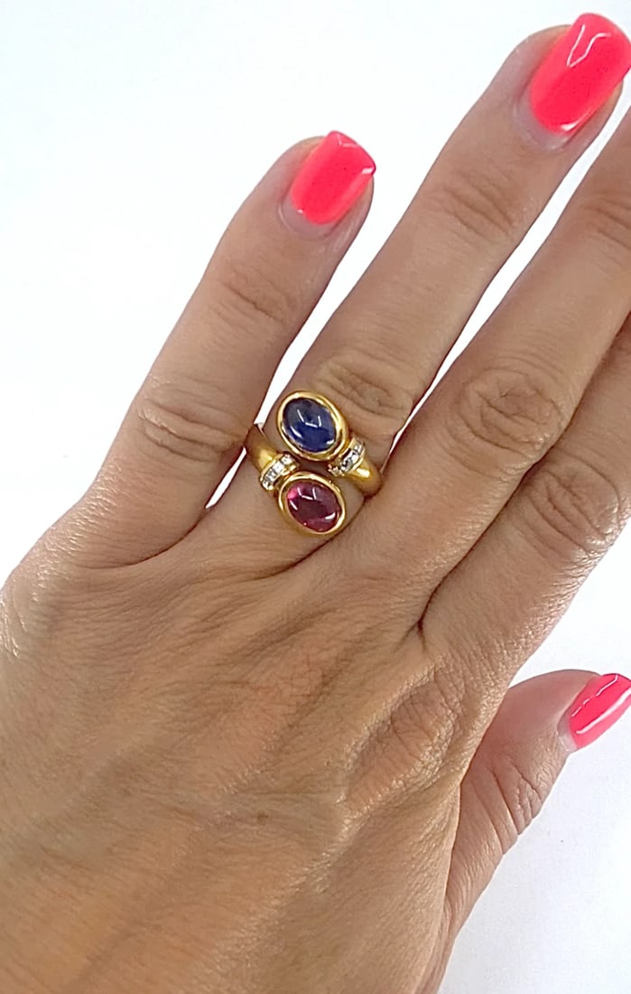 French 18k Gold Ruby Sapphire Diamond Bypass Ring - 2