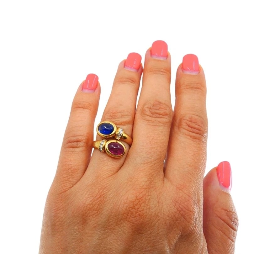 French 18k Gold Ruby Sapphire Diamond Bypass Ring - 3