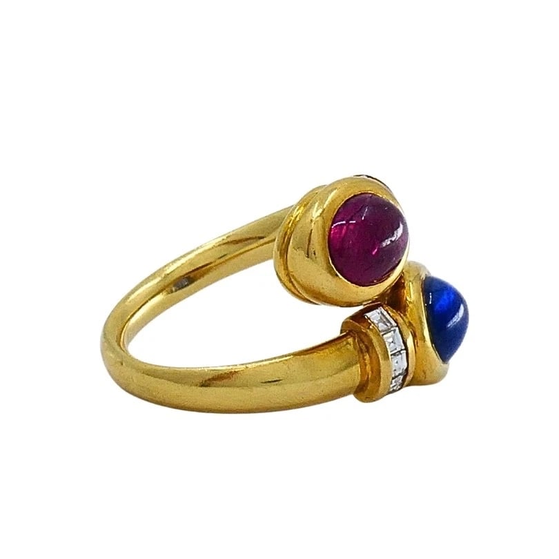 French 18k Gold Ruby Sapphire Diamond Bypass Ring - 5