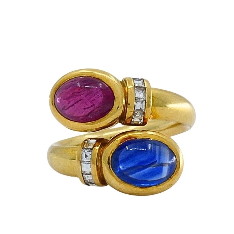 French 18k Gold Ruby Sapphire Diamond Bypass Ring - 7