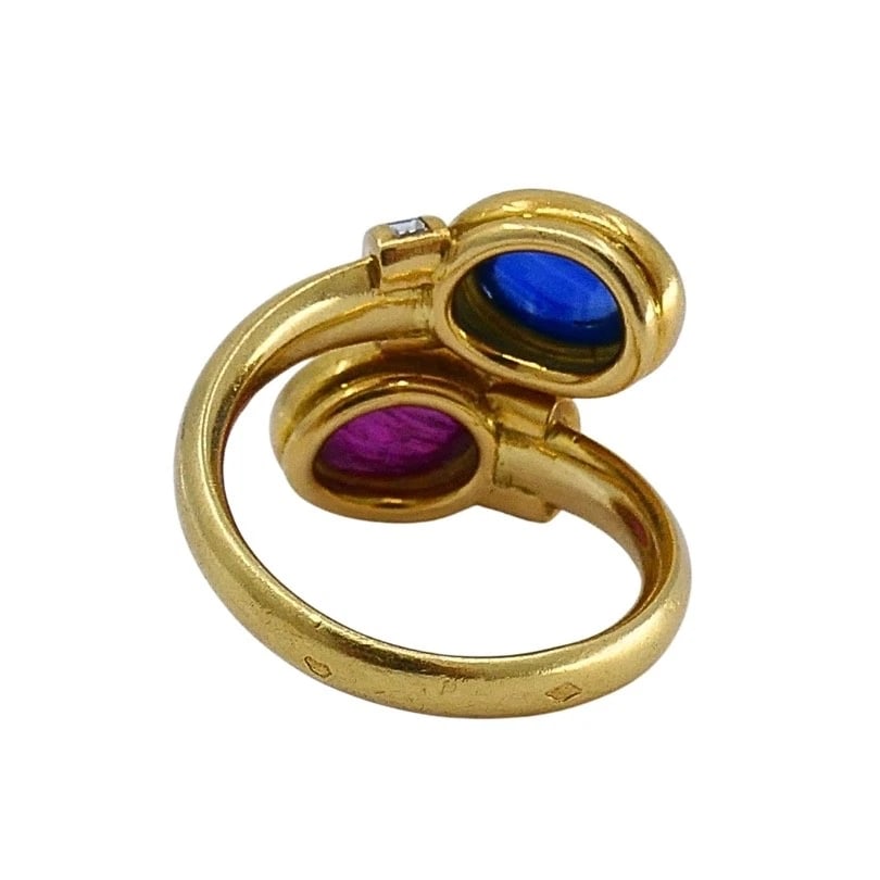 French 18k Gold Ruby Sapphire Diamond Bypass Ring - 8