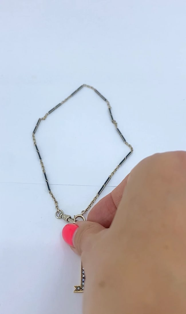 14k Gold Key Pendant Necklace Pearls and Black Enamel - 2