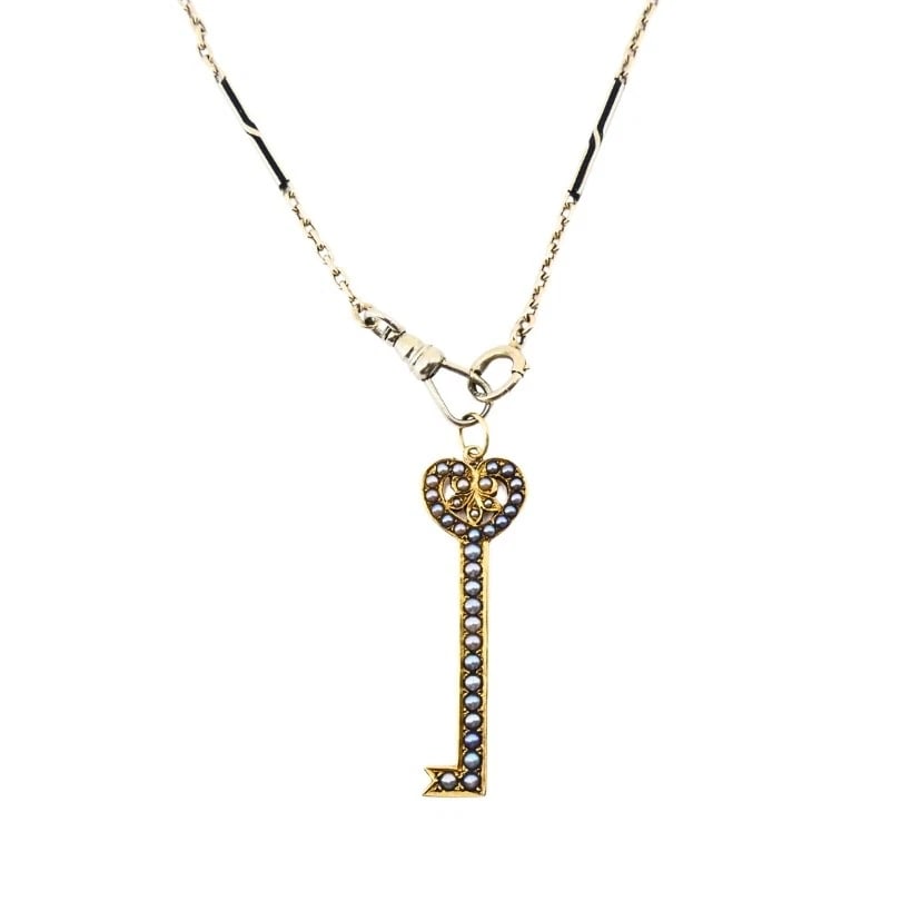 14k Gold Key Pendant Necklace Pearls and Black Enamel - 5