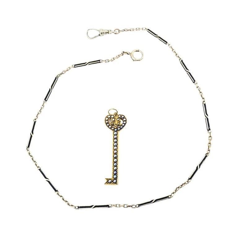 14k Gold Key Pendant Necklace Pearls and Black Enamel - 6