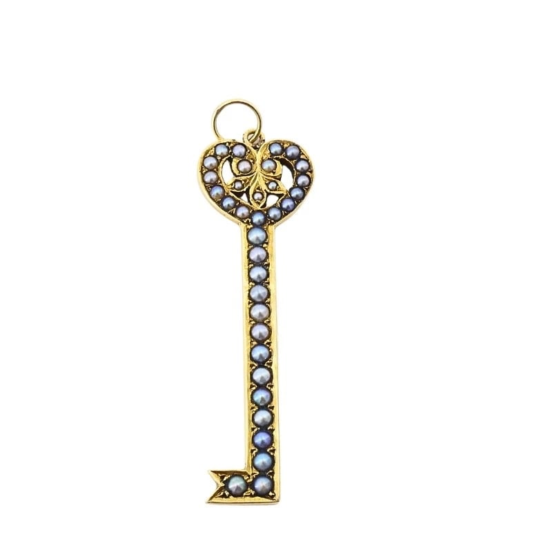 14k Gold Key Pendant Necklace Pearls and Black Enamel - 7