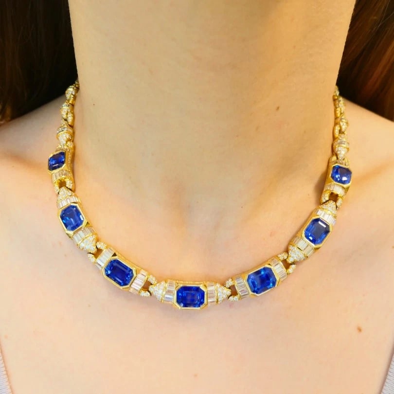 Bvlgari Bulgari 18k Gold NECKLACE Diamonds Sri Lanka Sapphire No Heat 39.77 Cts - 3