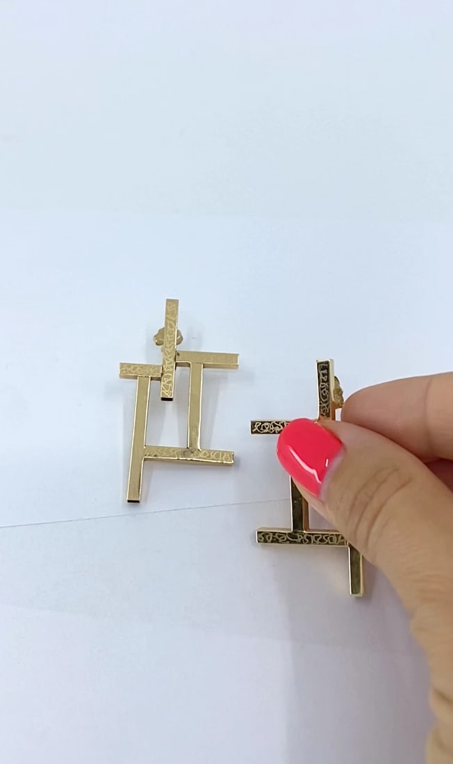 14k Gold Geometric Earrings Frame Design - 2