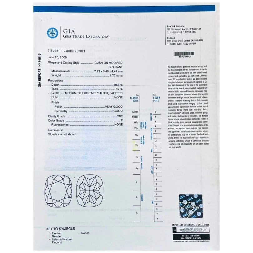 Harry WINSTON Engagement RING Cushion Cut Diamond 1.77-ct F/VS2 GIA Estate - 5