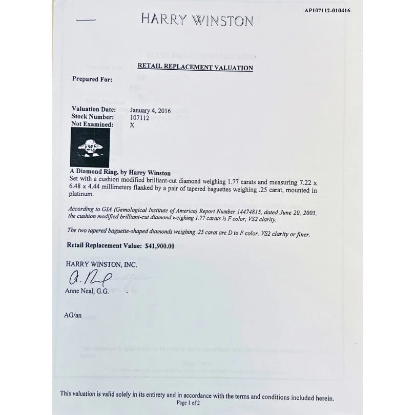 Harry WINSTON Engagement RING Cushion Cut Diamond 1.77-ct F/VS2 GIA Estate - 7