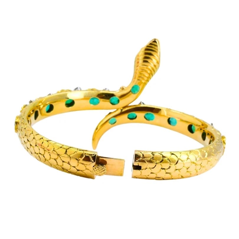 Vintage Snake Bangle BRACELET Gold Emerald Diamonds Estate Jewelry - 6