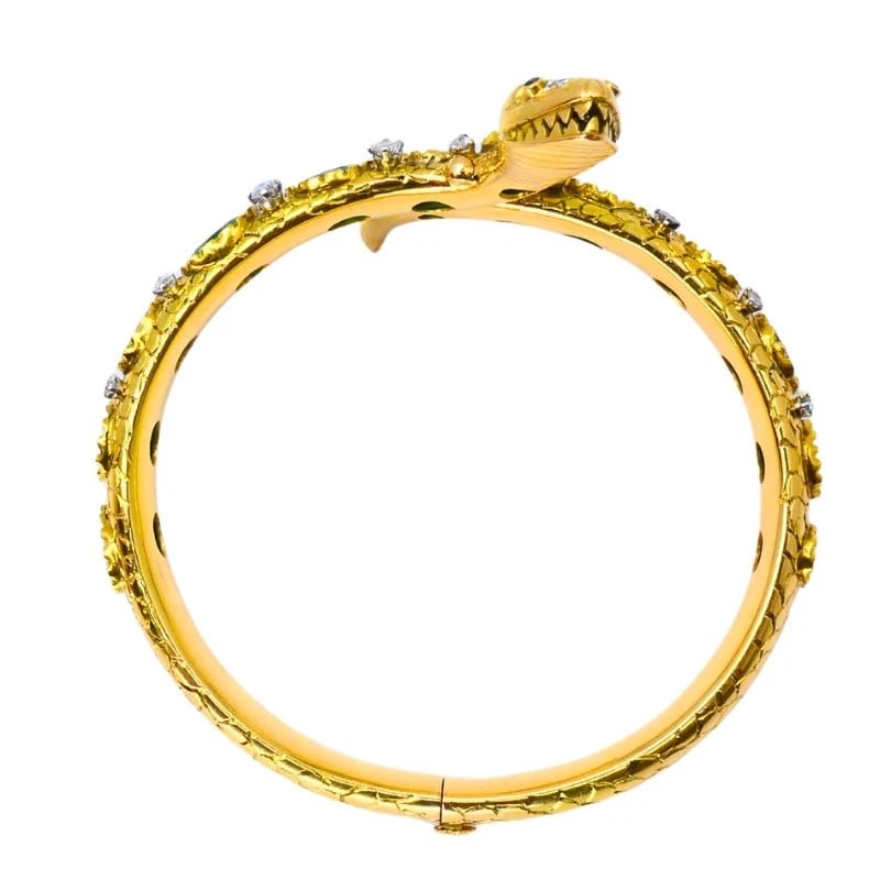 Vintage Snake Bangle BRACELET Gold Emerald Diamonds Estate Jewelry - 8