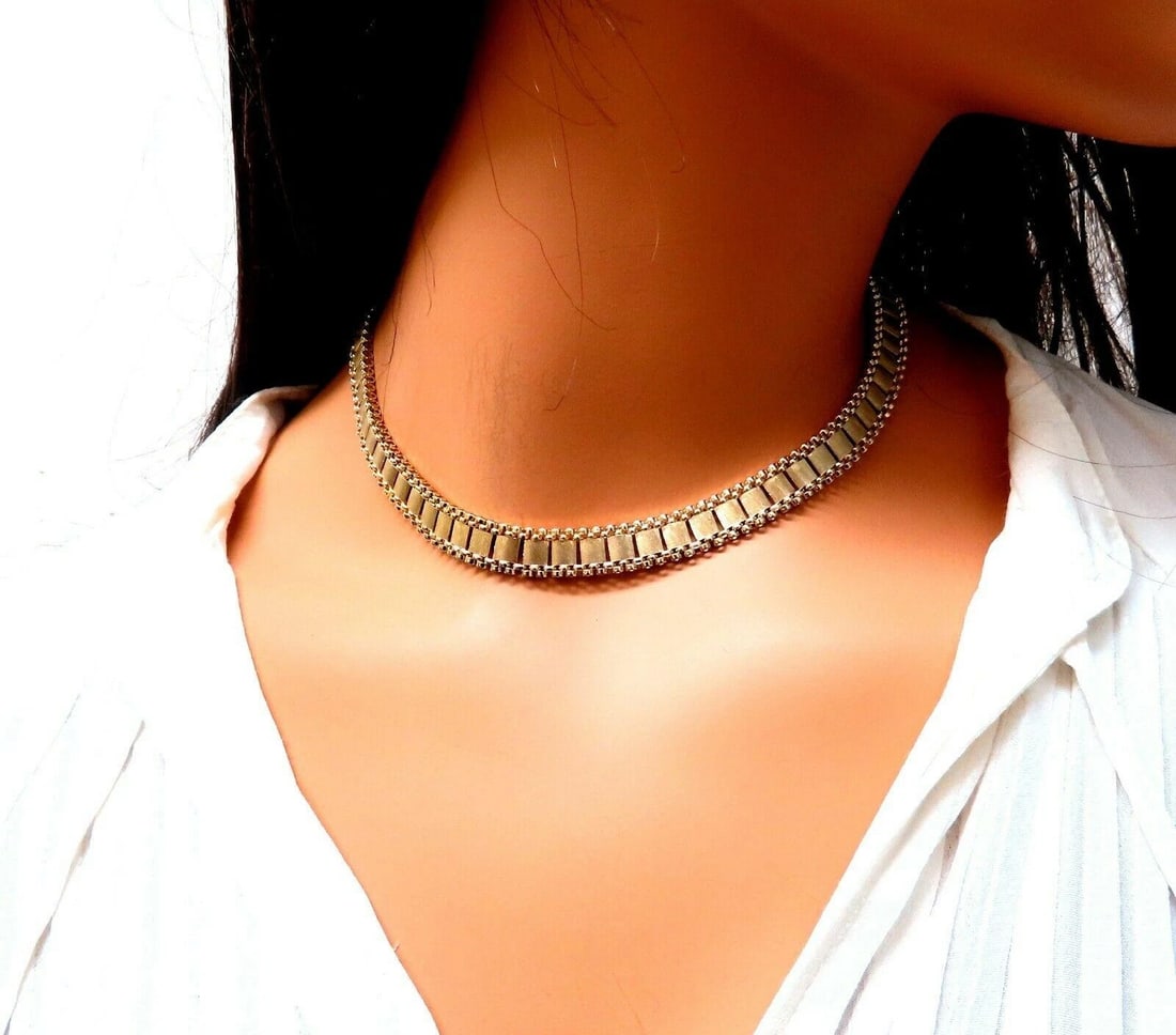 Reversible 5 Tier Curbed Band Link Gold Necklace 14kt gold 15 inch 9.8mm - 5