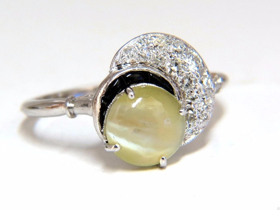 1.85ct natural cabochon chrysoberyl cats eye diamonds ring 14kt Vintage 10683** - 2