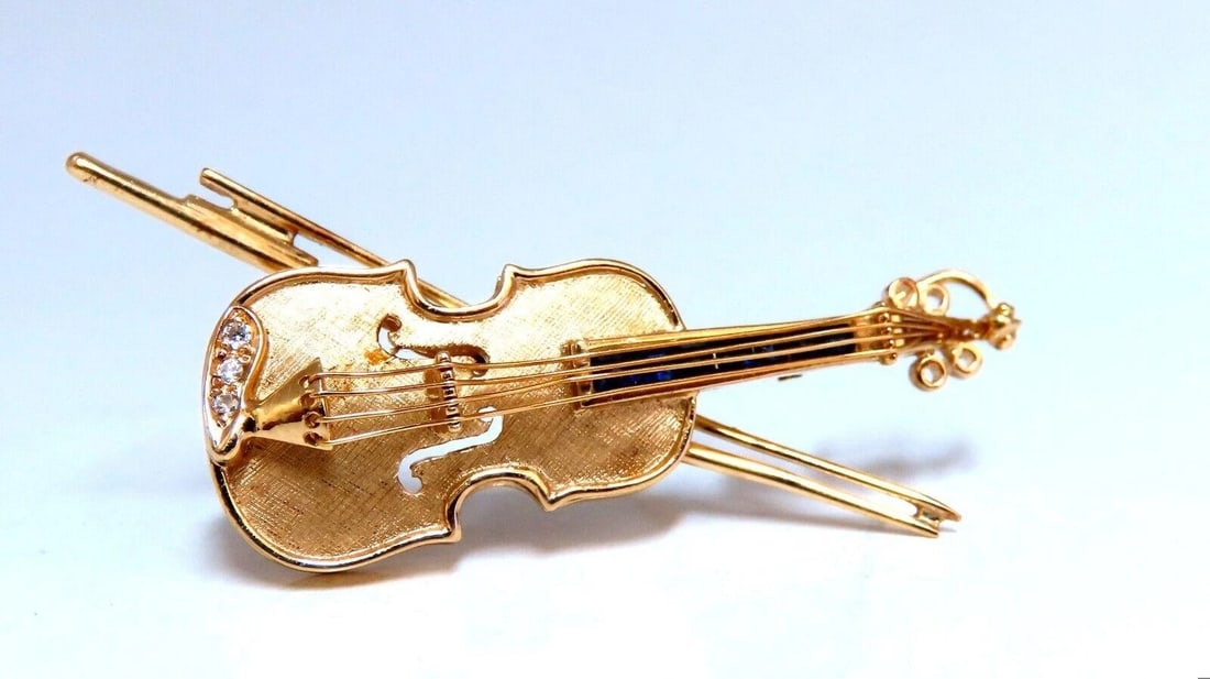 Violin Cello Viola Diamond Sapphire Pendant Pin 14kt Gold Handmade** - 3