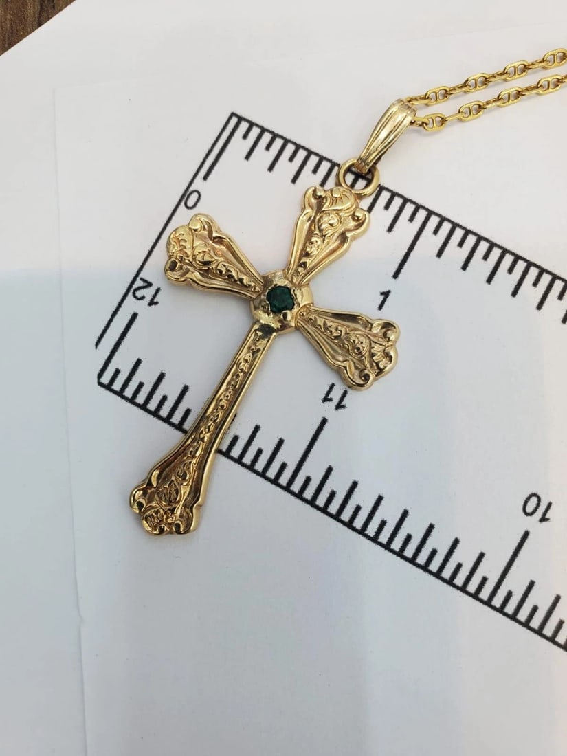 Vintage Natural Emerald Cross Pendant 14kt 47744** - 3