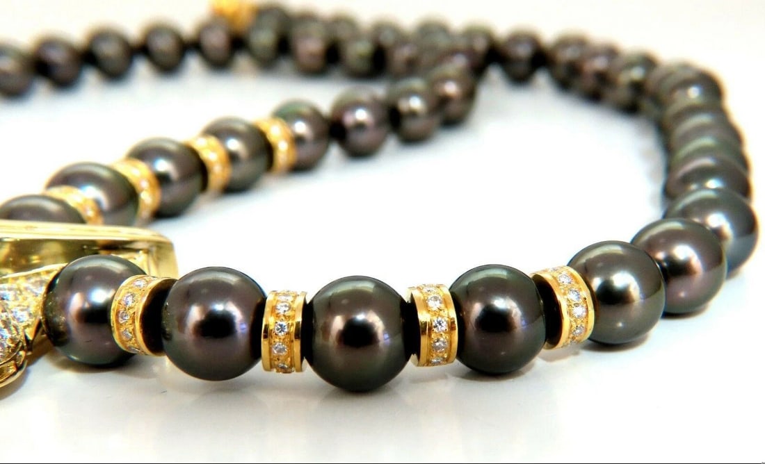 6.40ct Natural Heart Blue Sapphire Diamonds Tahitian Pearls Necklace 18 karat** - 6