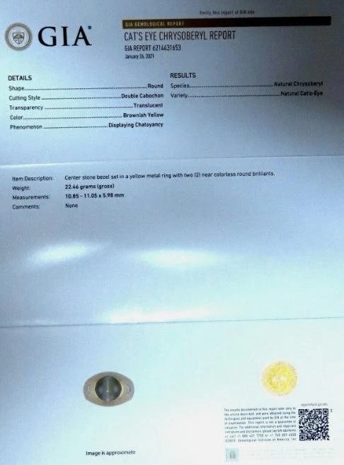 GIA Certified Natural Chrysoberyl Cats Eye Mens Diamond Signet Ring 18k - 3