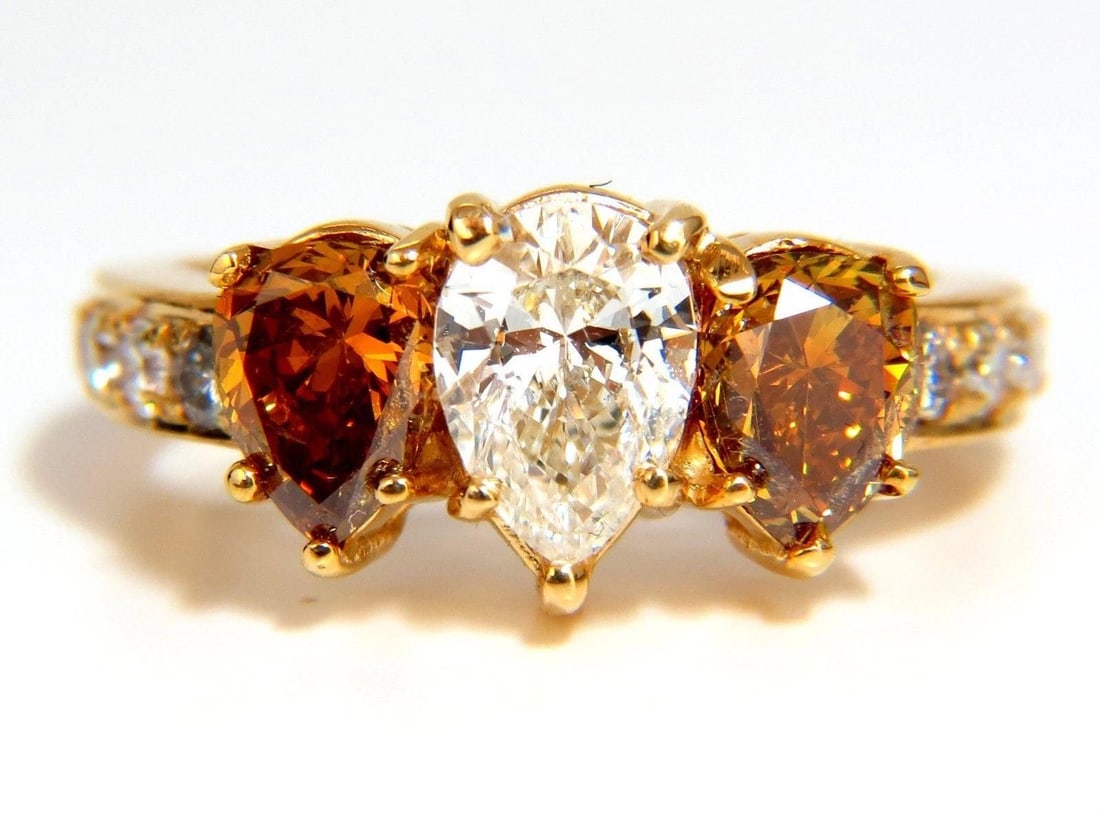 Natural .78ct Pear & 1.52ct Fancy Yellow Brown Diamonds Ring 18kt 10027 - 4